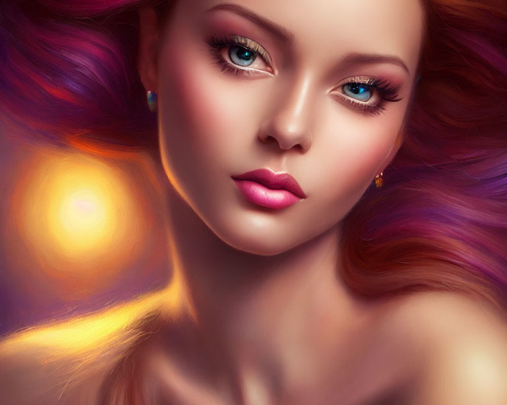 Vibrant digital portrait of woman with blue eyes and colorful hair