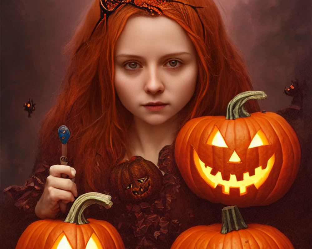 Young girl with red hair holding blue lollipop in Halloween setting