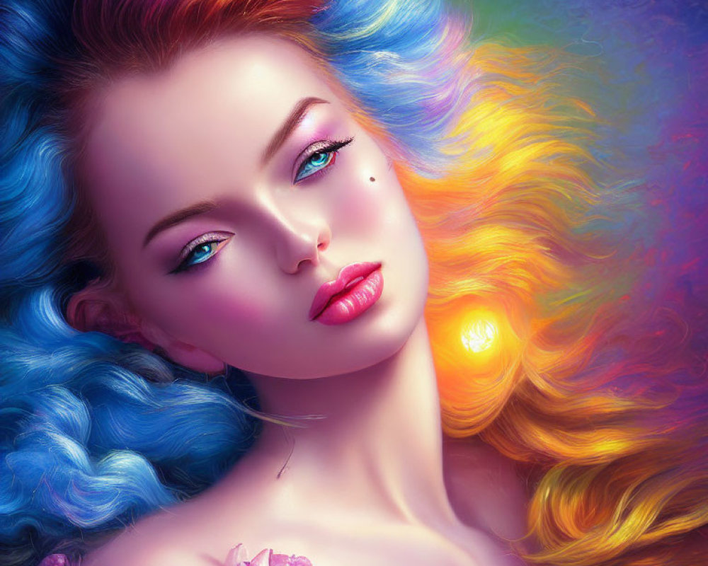 Colorful digital art of a woman with flowing multicolored mane and floral shoulder adornments.