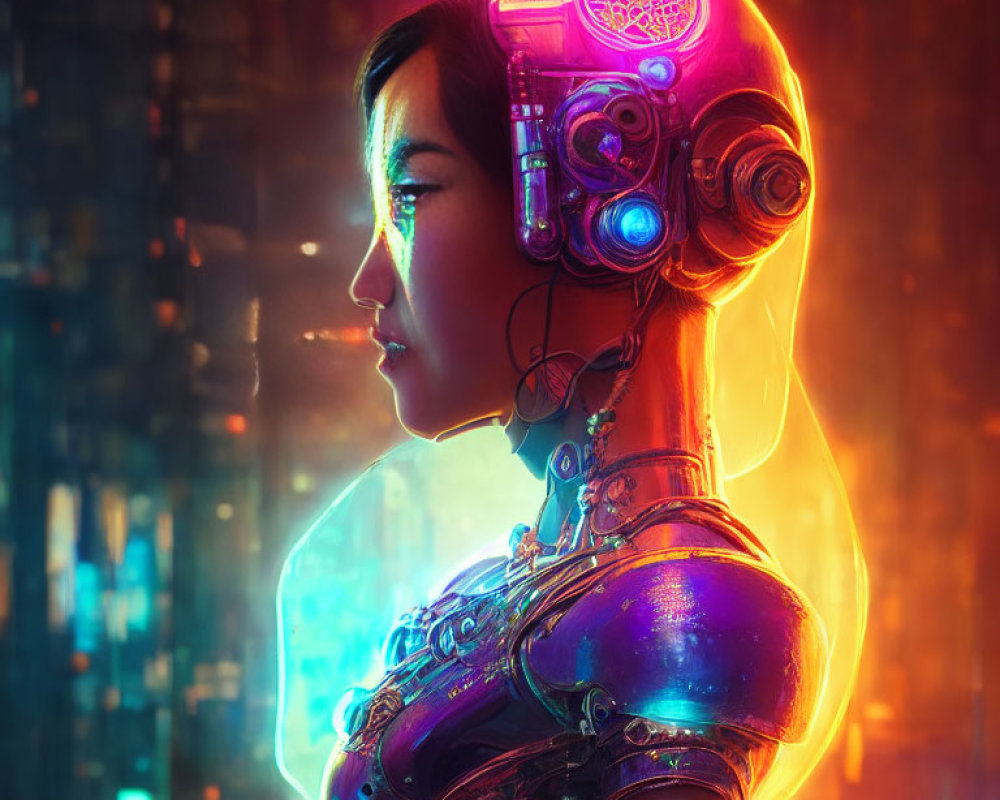 Female cyborg with exposed mechanical brain in futuristic cityscape.