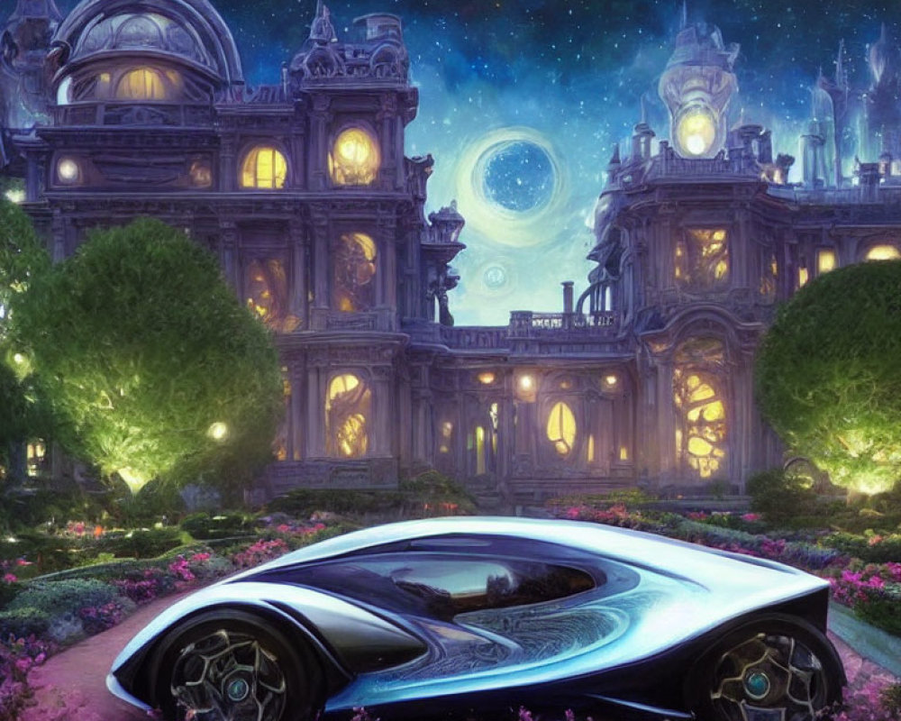 Futuristic car parked in front of celestial-themed buildings with glowing trees and starry sky.