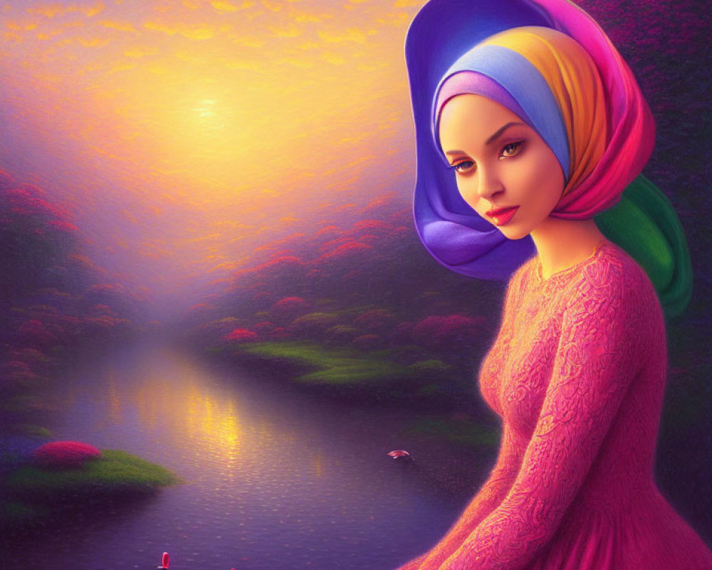 Vibrant digital portrait of a woman in gradient hijab by a serene river