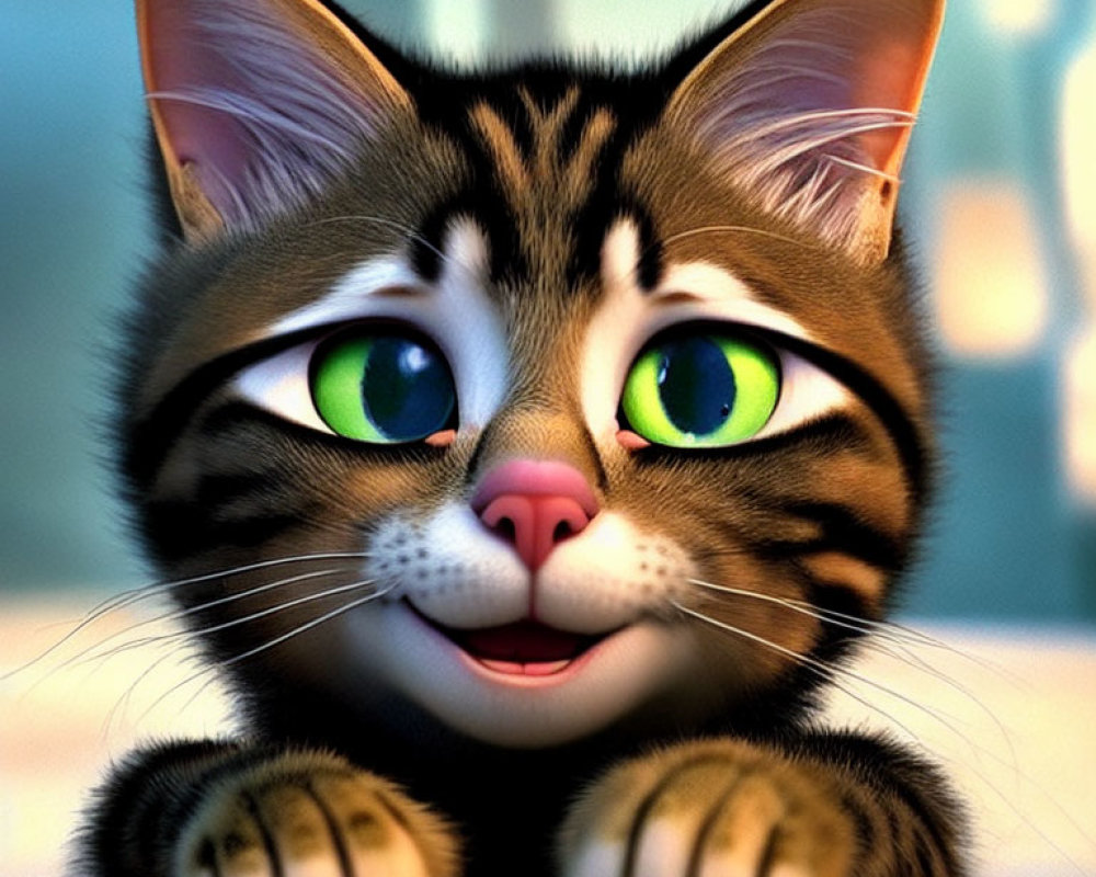 Brown-striped cat with wide eyes and green eyes in animated image