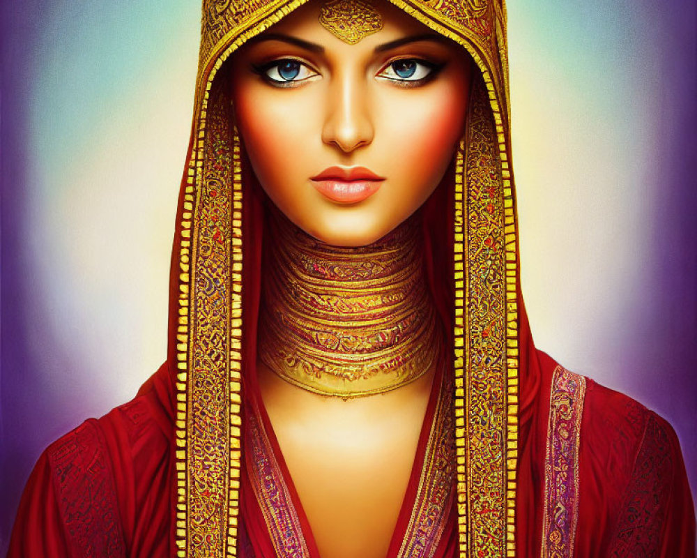 Digital artwork: Woman with blue eyes in red & gold headscarf on purple backdrop