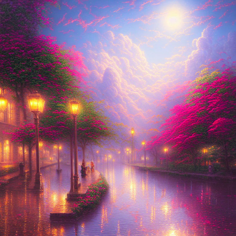 Moonlit canal with blooming trees and couple walking by - serene purple scene