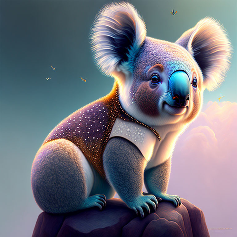 Illustrated Koala with Sparkly Back on Rock Under Glowing Sky