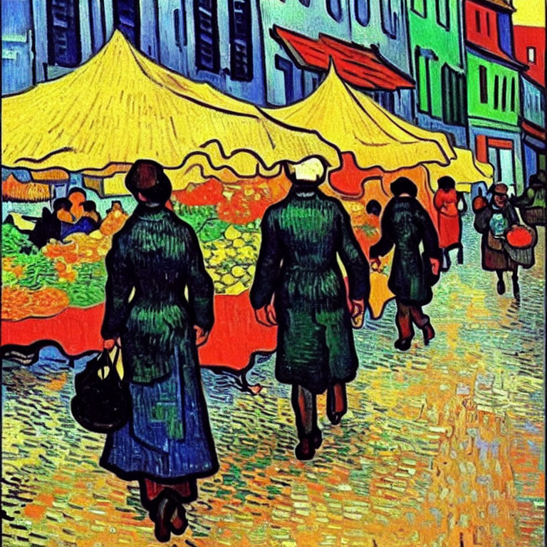 Colorful Post-Impressionist Street Scene Painting with Yellow Market Umbrellas and Bold Outlines