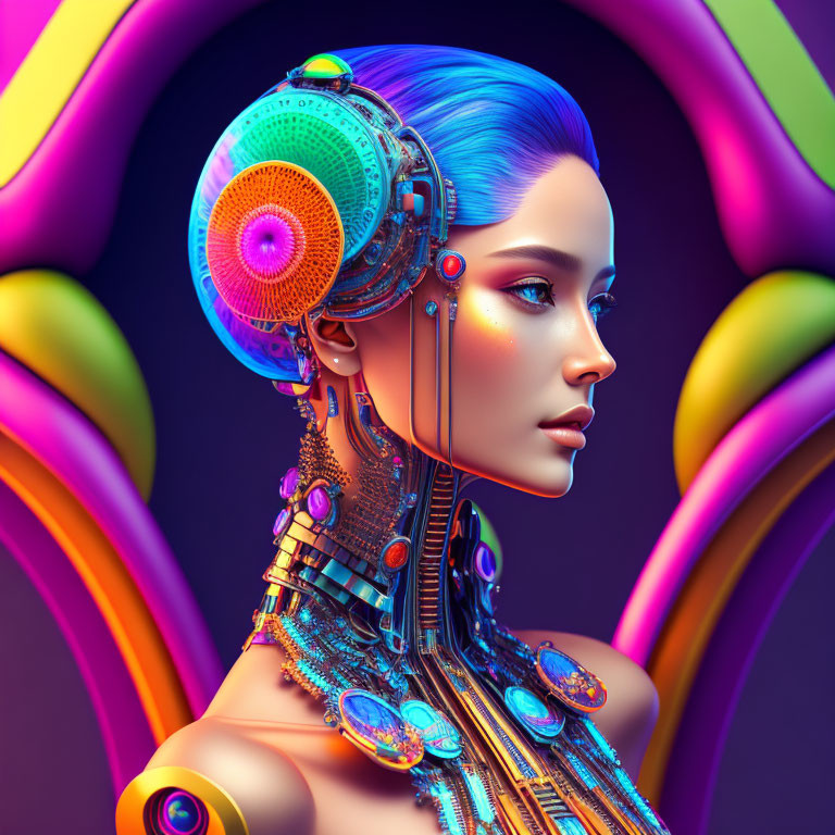 Vibrant female cyborg portrait with blue hair and mechanical parts