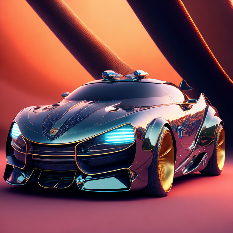 Futuristic glossy car with sleek curves on red and orange gradient background