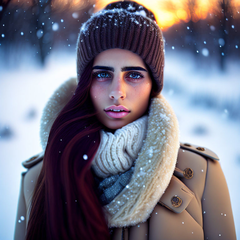 Woman with blue eyes and red hair in winter setting with snowflakes