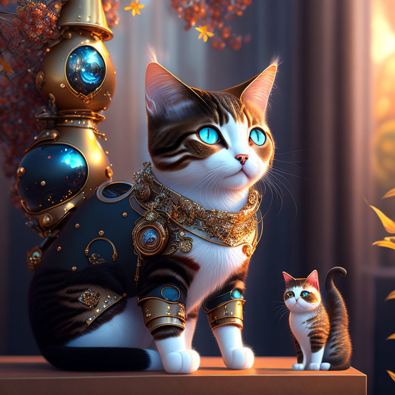 Digital artwork of two steampunk cats in autumn scene