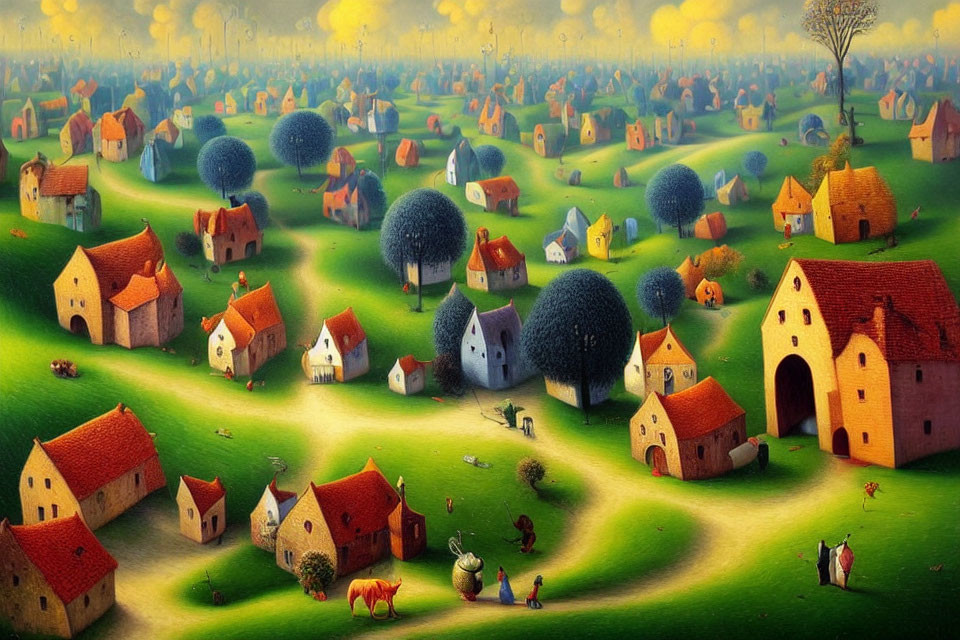 Colorful Stylized Houses in Surreal Landscape with Figures and Animals