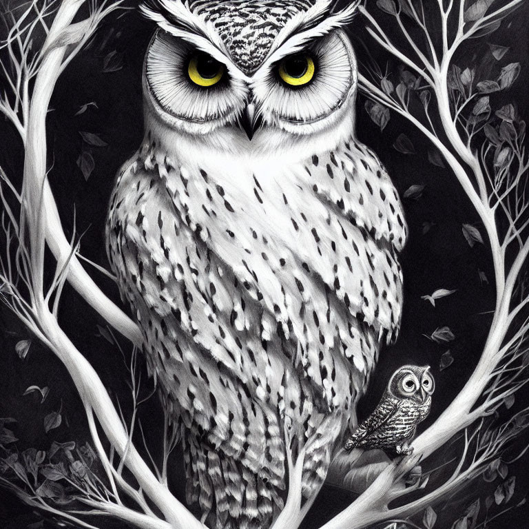 Detailed monochromatic owl illustration on branch with smaller owl in foliage