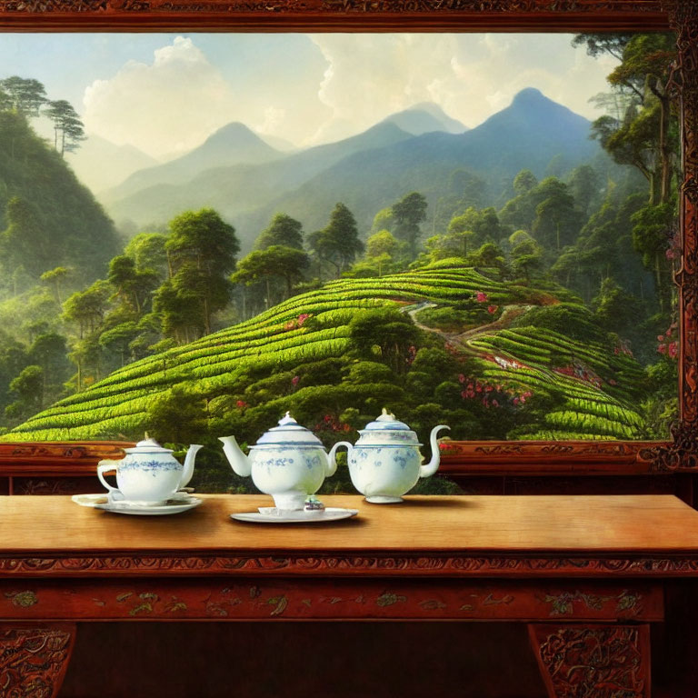 Serene tea plantation scene with tea set on table