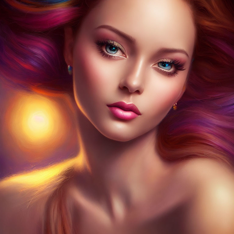 Vibrant digital portrait of woman with blue eyes and colorful hair