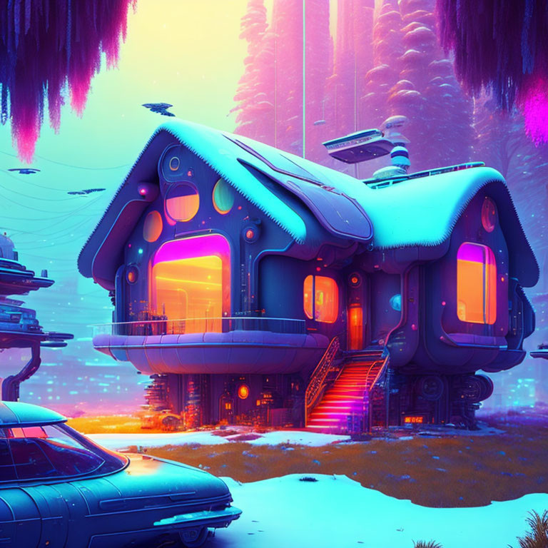 Futuristic Neon-Lit House in Twilight Landscape with Snow and Vintage Car