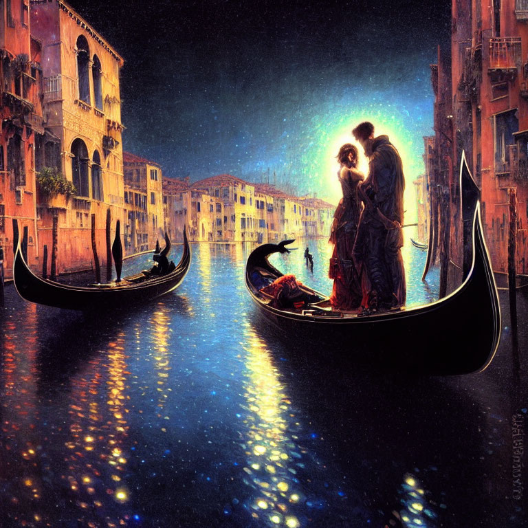 Romantic artwork: Couple embracing on Venice gondola at night