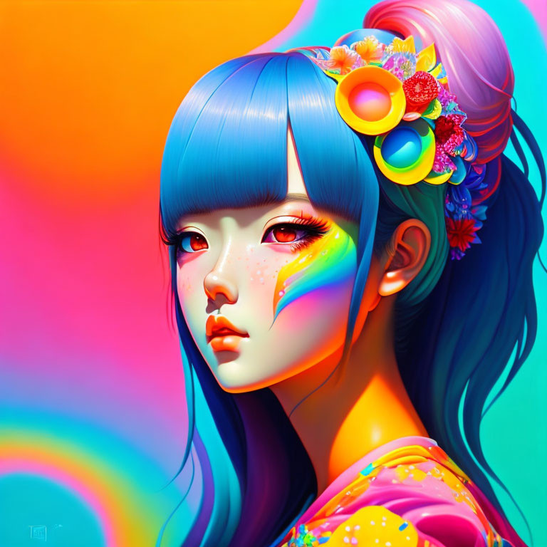 Colorful digital portrait of girl with blue hair, rainbow makeup, flowers, gradient backdrop