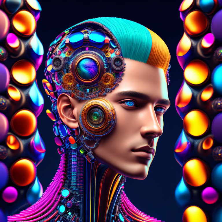 Colorful Futuristic Portrait of Male Figure with Mechanical Parts on Face and Neck against Vivid Background