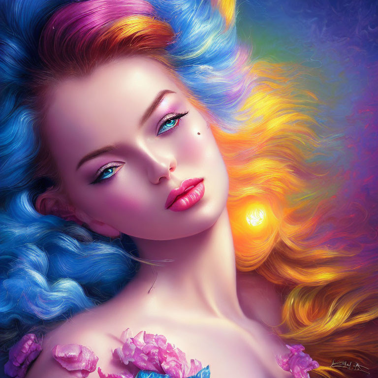 Colorful digital art of a woman with flowing multicolored mane and floral shoulder adornments.