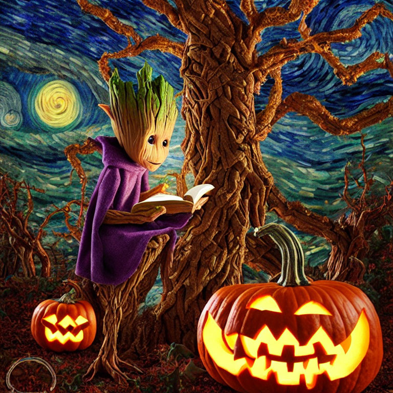 Whimsical Baby Groot-like character in purple cloak reading book with jack-o'-lanterns