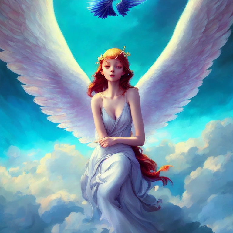 Red-haired angel with white wings in flowing gown under blue sky