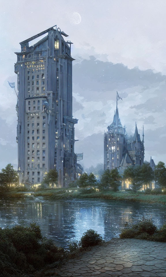 Fantasy cityscape illustration: whimsical building, crescent moon, reflective water