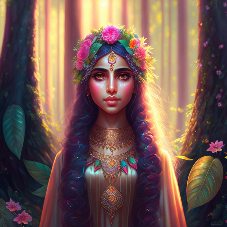 Mystical woman portrait with ombre hair and forest background