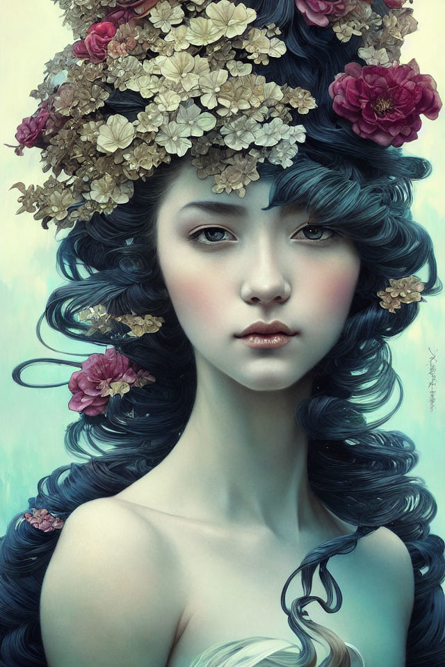 Digital artwork: Woman with floral crown in dark hair on blue background