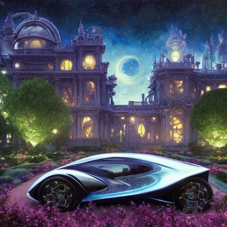 Futuristic car parked in front of celestial-themed buildings with glowing trees and starry sky.