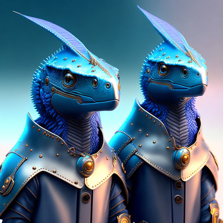 Blue reptiles in golden-trimmed armor on gradient background