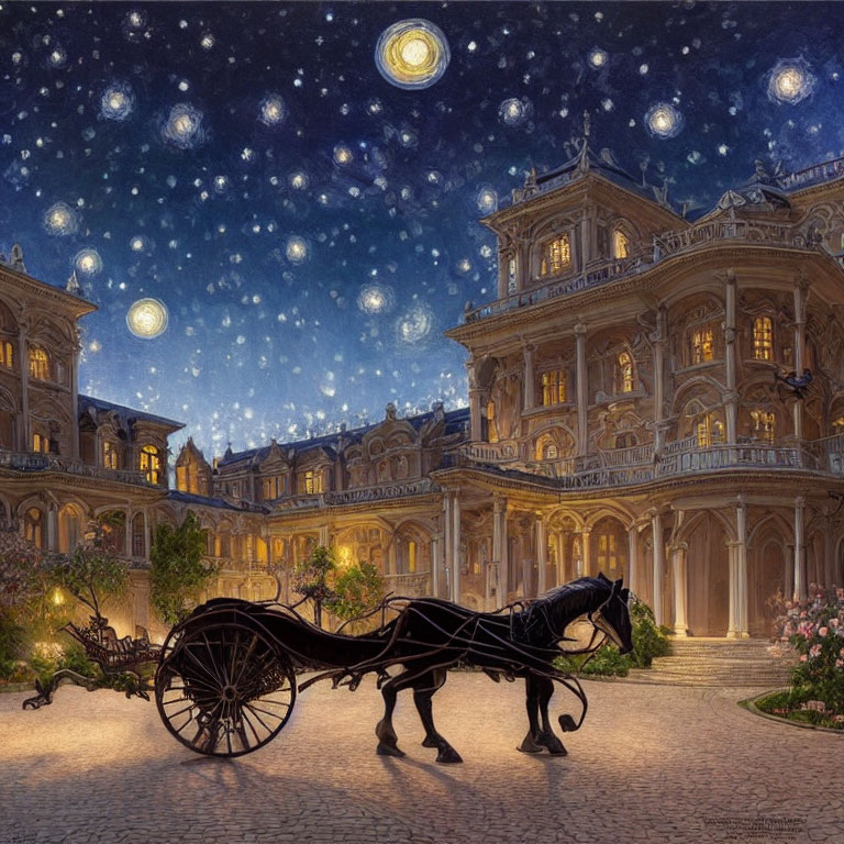 Horse-drawn carriage outside opulent mansion under starry, Van Gogh-inspired sky