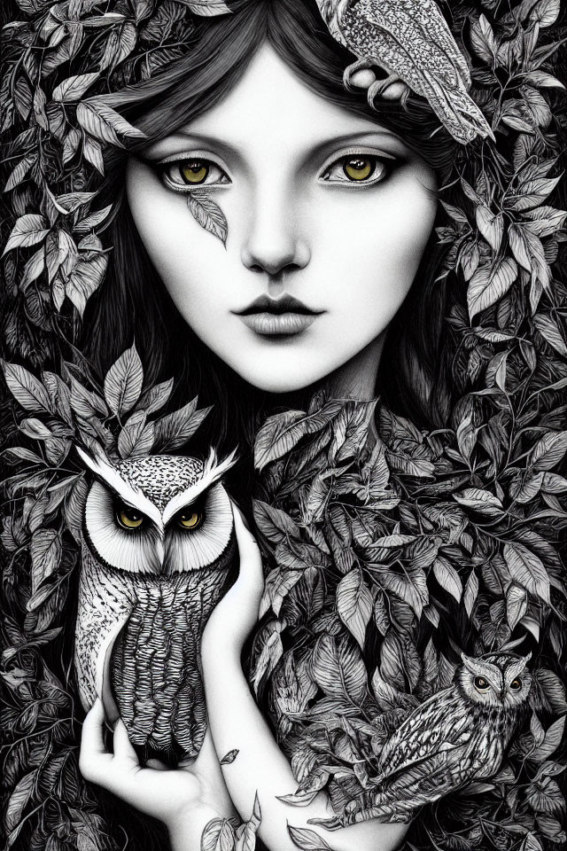 Detailed monochrome image of woman with owl and leaves