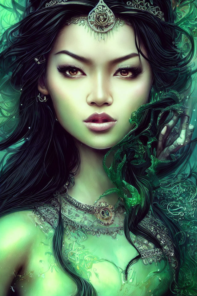 Intricate jewelry and crown on illustrated woman with intense eyes and swirling green motifs