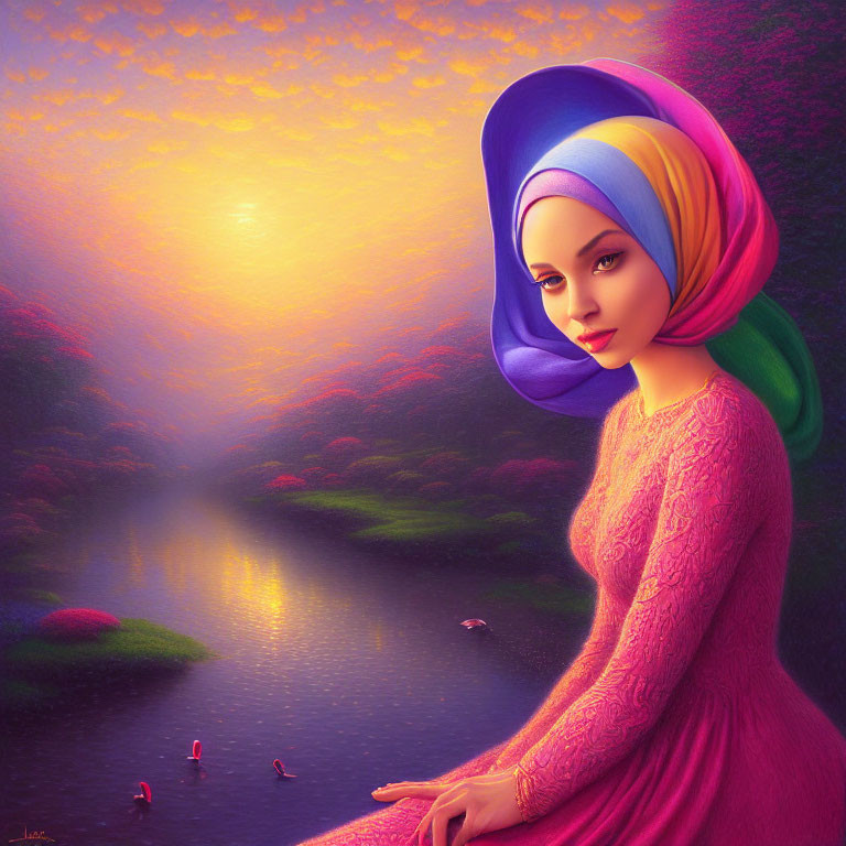 Vibrant digital portrait of a woman in gradient hijab by a serene river