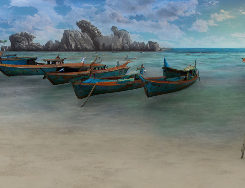 Wooden Boats on Tranquil Sea with Rocky Island and Cloudy Sky