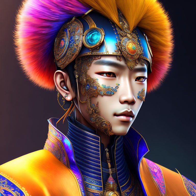 Colorful royal attire and gold face jewelry on a digital portrait against a dark background