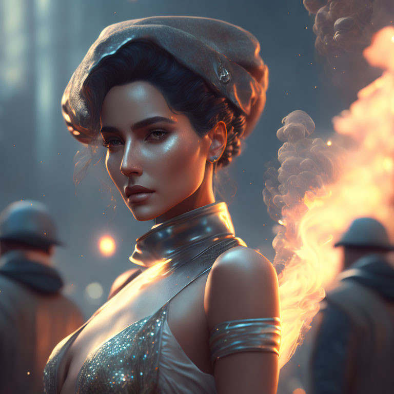 Futuristic digital artwork of woman in unique attire with indistinct figures