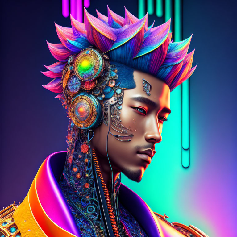 Colorful digital art: person with futuristic ornate headgear, feathers, gears, and glowing elements