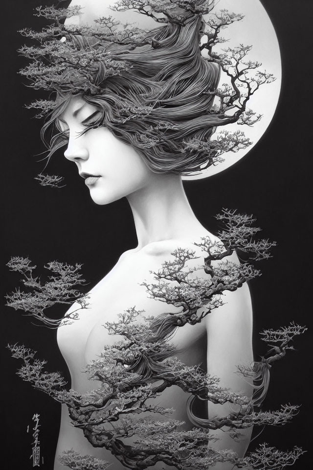 Monochromatic woman illustration with tree branches integrated into hair and body