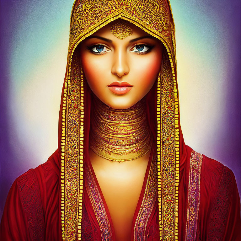 Digital artwork: Woman with blue eyes in red & gold headscarf on purple backdrop