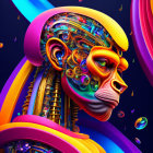 Colorful 3D humanoid head with mechanical and organic elements