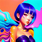 Stylized female character with blue hair and vibrant makeup on colorful abstract background