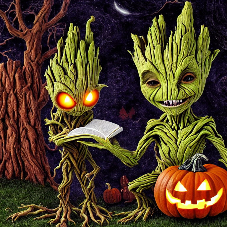 Whimsical tree creatures with glowing eyes in spooky forest