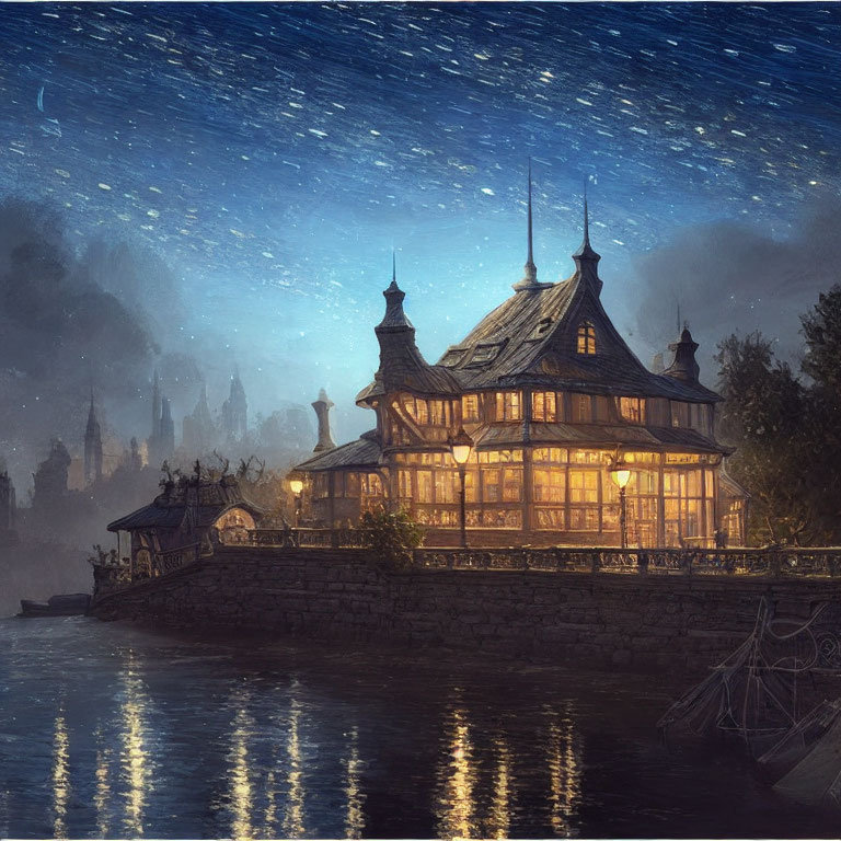 Nighttime waterfront house with city skyline and starlit sky