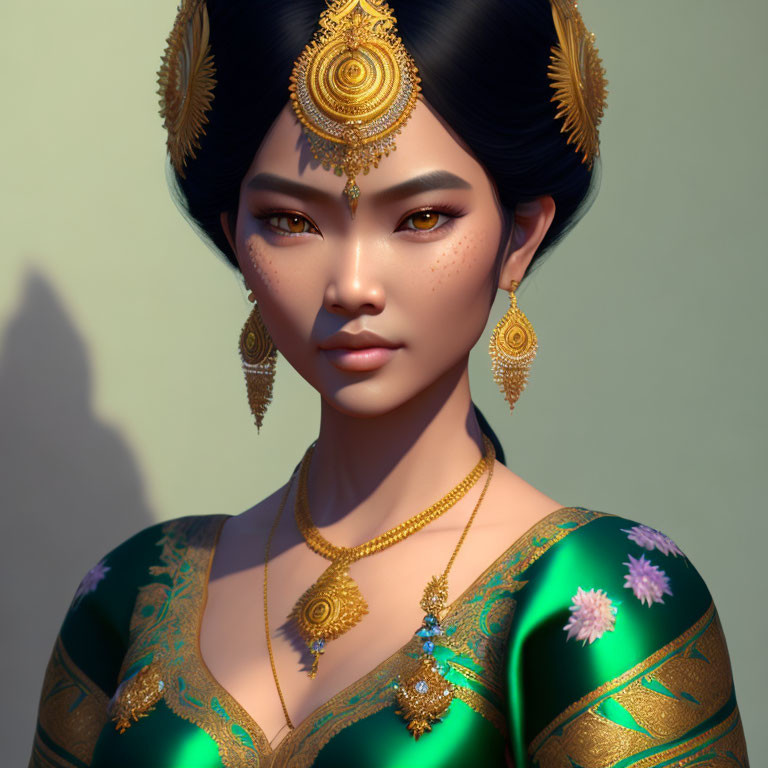 Elaborate gold jewelry on woman in green traditional outfit