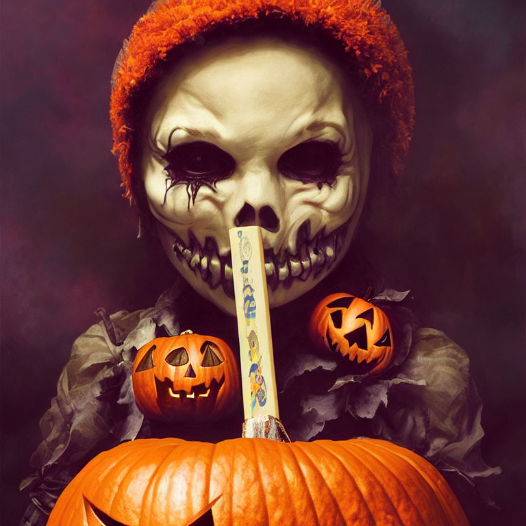 Skull makeup figure in orange beret with lollipop, Halloween theme