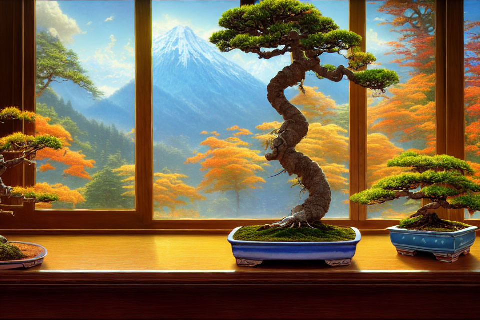 Bonsai Trees on Windowsill Overlooking Mount Fuji and Autumn Trees