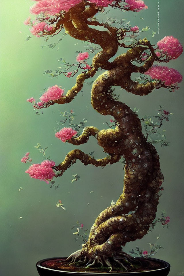 Illustration: Twisting bonsai tree with pink flowers in pot, greenish background with floating petals