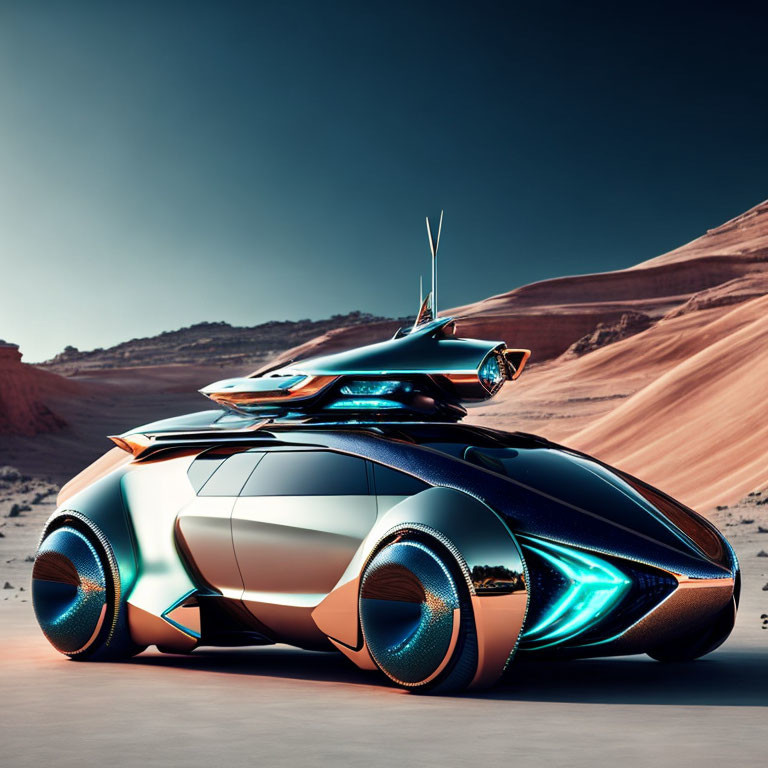 Sleek futuristic vehicle with glowing blue lights in desert landscape